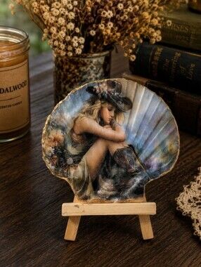 Decorative Shell Art Plaque - Coastal Woman Illustration in Blue and Brown